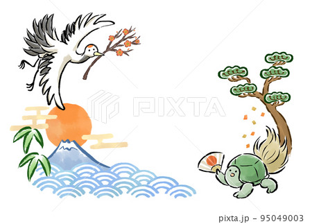 おめでたい雰囲気の鶴と亀のイラストフレーム　はがき比率 95049003