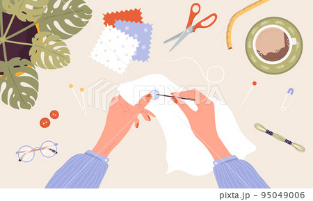 Female hands sew a button. Woman create outfit. Top view. Needlework and hobbies. Handmade clothes. Fashion designer or dressmaker. Vector illustration in flat cartoon style 95049006