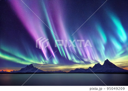 Amazing vibrant color aurora borealis over over mountain and sea. Northern lights in night starry sky tranquility scenery. Wonderful illuminated surreal atmospheric visual phenomenon 95049209