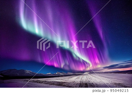 Wonderful scenery of northern lights over snowy highway 95049215