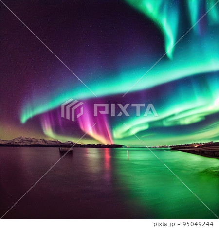 Aurora borealis lights wave reflection on calm sea surface 95049244