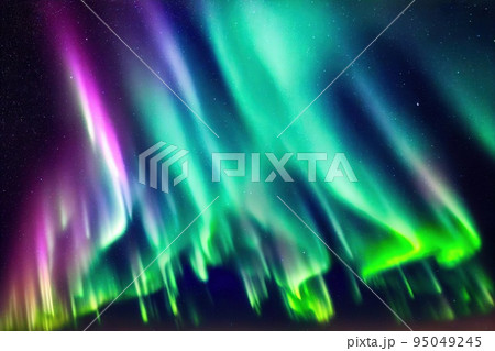 Aurora borealis lights wave over starry night sky 95049245