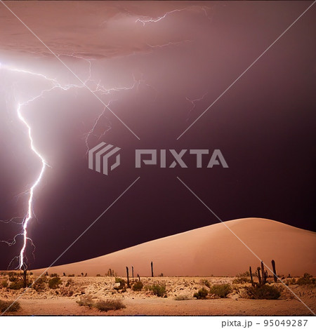 Lightning in desert sand dune natural disaster background 95049287