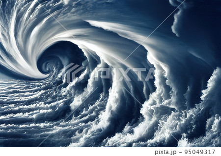 Big sea waves splash during thunderstorm natural disaster 95049317
