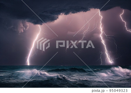 Double lightning strike from cloudy sky, over stormy ocean. Strong electrical storm with a multitude flash and thunder over dark foamy sea waves. Natural disaster background 95049323