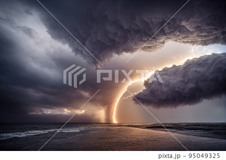 Powerful thunderstorm over seascape natural disaster background 95049325