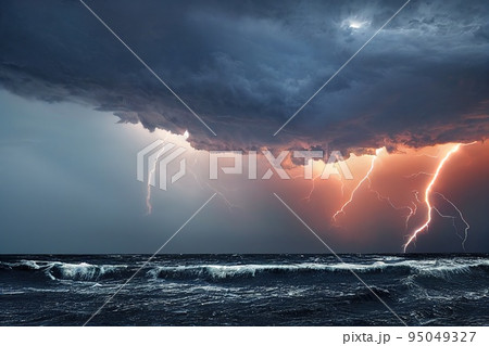 Large storm with thunderstorm lightning over sea. Dramatic stormy sky with thunderbolt extreme weather and broken water ocean. Natural disaster concept Large storm with thunderstorm lightning over sea. Dramatic stormy sky with thunderbolt extreme weather and broken water ocean. Natural disaster concept 95049327
