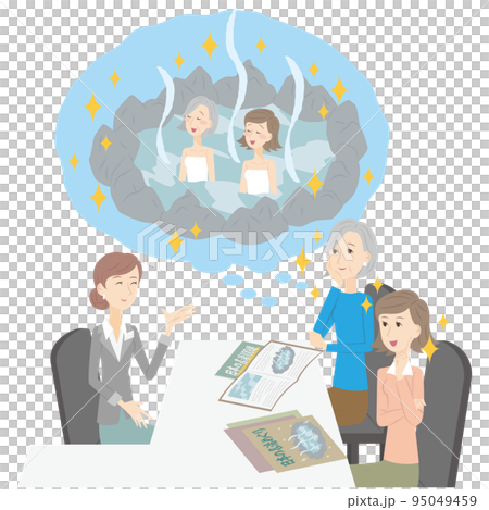 Senior woman applying for domestic hot spring trip with parent and child 95049459