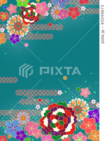 五つの色の八重桜・桜の和柄 緑青 五つの色の八重桜・桜の和柄 緑青 95049673