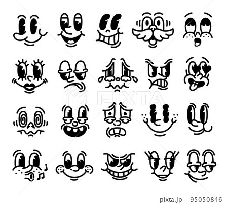 Vintage expression faces. Retro characters. Happy 50s mascot with eyes and mouth. Animation smile. Facial emotions. Disappointed or cheerful caricature emoticons. Vector cartoon cons set 95050846