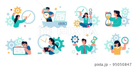 Time management. Business people schedule. Task organize. Planner and hourglass. Agenda of entrepreneur. Training planning. Clock and calendar. Completed goals checkmarks. Vector flat set 95050847
