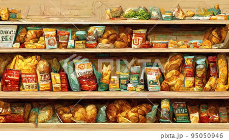 Unhealthy food groceries on supermarket shelves digital illustration Unhealthy food groceries on supermarket shelves digital illustration 95050946