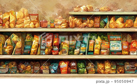 Delicious potato crisps fast food in supermarket digital illustration Delicious potato crisps fast food in supermarket digital illustration 95050947