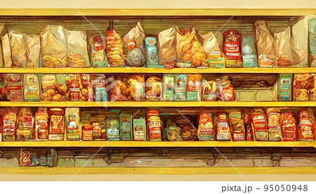 Potato chips food packages on supermarket shelves abstract digital illustration 95050948