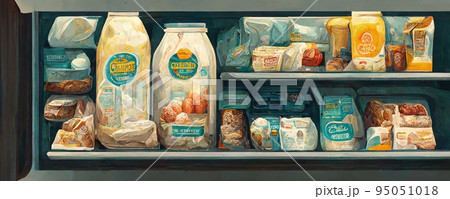 Milk dairy products on refrigerator shelf. Supermarket groceries food and drinks, retail shop assortment digital illustration 95051018