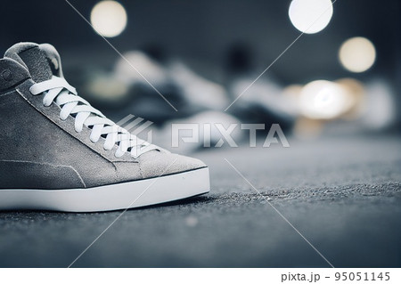 Sneaker shoe on asphalt with blurred city lights in background. Sport footwear fashion, active urban lifestyle concept 3D render digital illustration 95051145