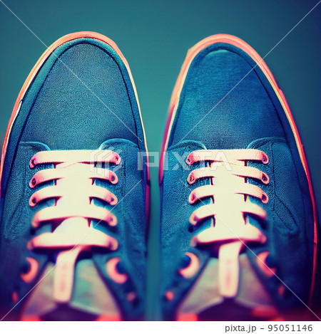 Blue sneakers sport shoe pair top view close up. Running footwear fashion concept 3D render digital illustration Blue sneakers sport shoe pair top view close up. Running footwear fashion concept 3D render digital illustration 95051146