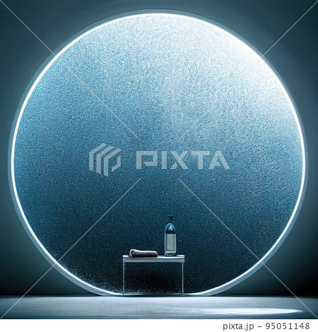 Futuristic bathroom with round false window and blue illumination. Hygiene, spa, beauty concept background 3D render digital illustration Futuristic bathroom with round false window and blue illumination. Hygiene, spa, beauty concept background 3D render digital illustration 95051148