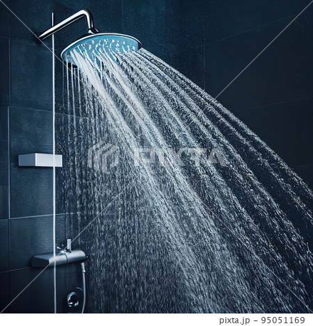 Water pouring from shower head in dark bathroom 3D render digital illustration 95051169