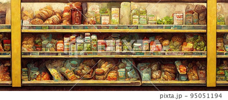 Groceries jars and packages on food shop shelves digital illustration 95051194