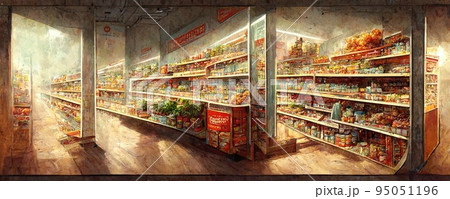 Supermarket aisles with grocery food products. Consumerism, shopping, retail business concept digital illustration 95051196