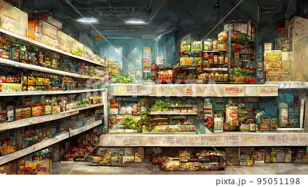 Supermarket grocery shop aisle with products on shelves digital illustration Supermarket grocery shop aisle with products on shelves digital illustration 95051198