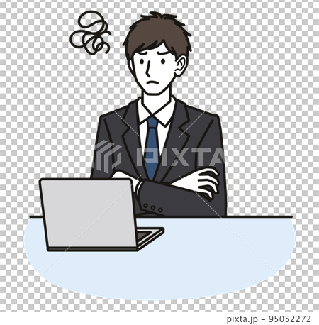 一個穿著西裝的男人對著電腦屏幕感到沮喪 95052272