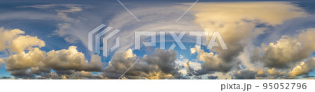 Dramatic sunset sky panorama with Cumulus clouds. Seamless hdr 360 pano in spherical equirectangular format. Complete zenith for 3D visualization, game and sky replacement for aerial drone panoramas 95052796