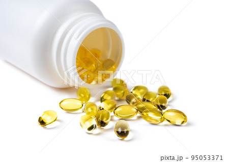 Omega 3 fish oil supplement softgel capsules in bottle, isolated on white background Omega 3 fish oil supplement softgel capsules in bottle, isolated on white background 95053371