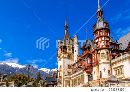 Peles castle tower and mountains, Sinaia, Romania 95053894