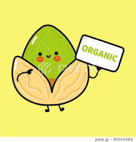 Cute funny pistachio poster organic character. Vector hand drawn cartoon kawaii character illustration. Isolated yellow background. Pistachio poster with inscription organic 95054389