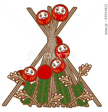 正月飾りや縁起物を燃やしてどんど焼きをしているイラスト（三九郎・連ダルマ） 95054822