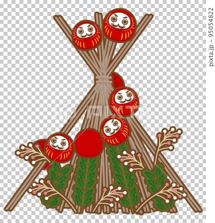 Illustration of burning New Year's decorations and lucky charms and dondo-yaki (Sankuro / Ren Daruma) 95054822