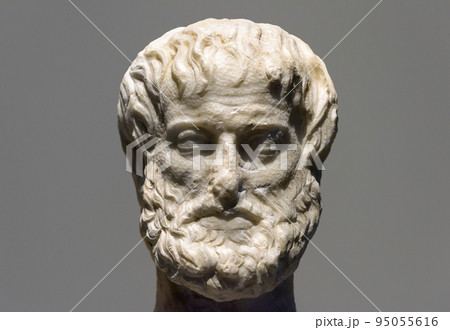 Marble head of Greek philosopher Aristotle isolated on gray Marble head of Greek philosopher Aristotle isolated on gray 95055616