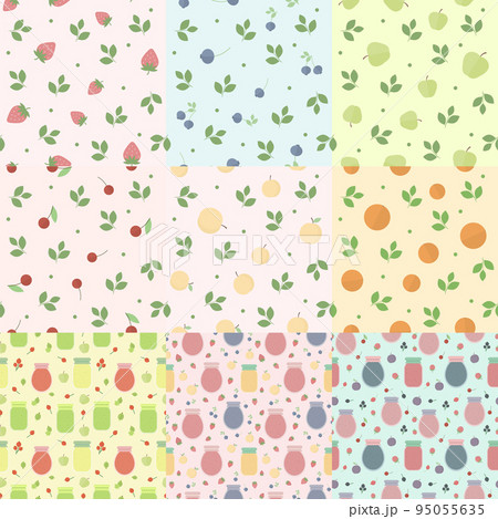 Set of seamless patterns with fruits and berries, and jars of jam Set of seamless patterns with fruits and berries, and jars of jam 95055635