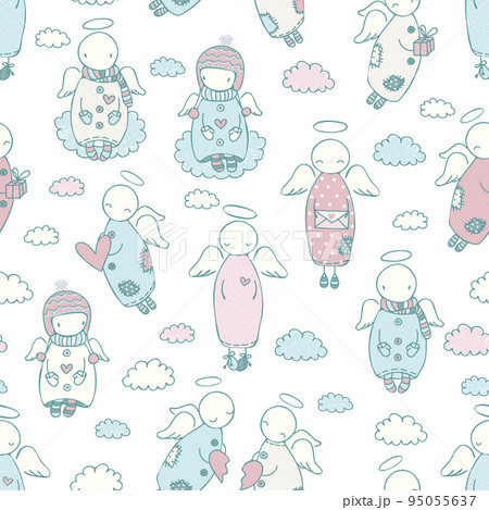 Seamless pattern with doodle angels in the sky with clouds and hearts 95055637