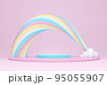 Cute pastel product display stand with asymmetric arch of spiral rainbow and white cloud on pink background, 3D rendering. 95055907
