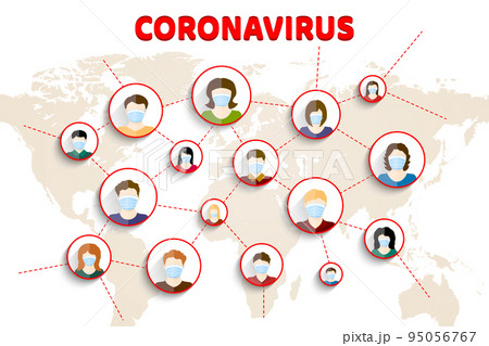 People in respirators on world map background. Coronavirus COVID-19 concept. Vector illustration 95056767