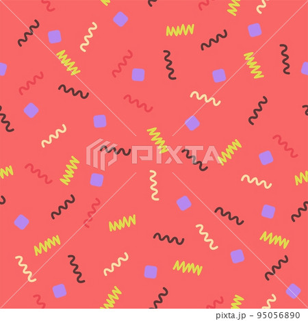 Vector seamless abstract pattern with colorful decorative geometric elements on bright pink background. 95056890