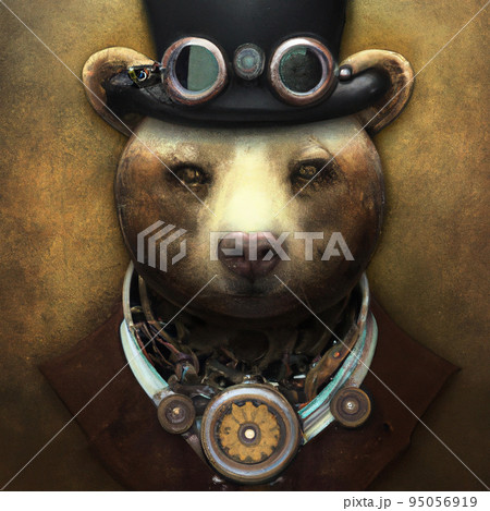 Close-up portrait of a futuristic bear. Abstract grizzly bear. Steampunk animal. Close-up portrait of a futuristic bear. Abstract grizzly bear. Steampunk animal. 95056919