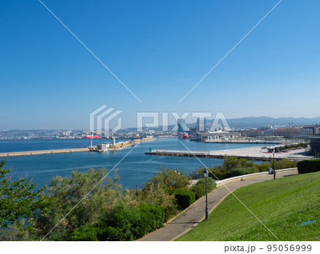 Marseille, France - May 15th 2022: View from Parc du Pharo over the new harbour Marseille, France - May 15th 2022: View from Parc du Pharo over the new harbour 95056999