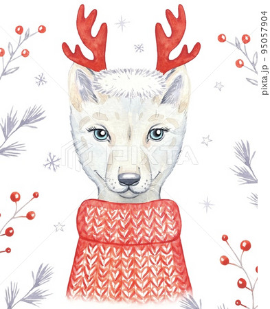Wolf cub in a red knitted sweater. watercolor illustration 95057904