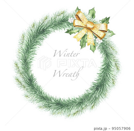 Wreath of fir green branches with golden bow, watercolor illustration 95057906