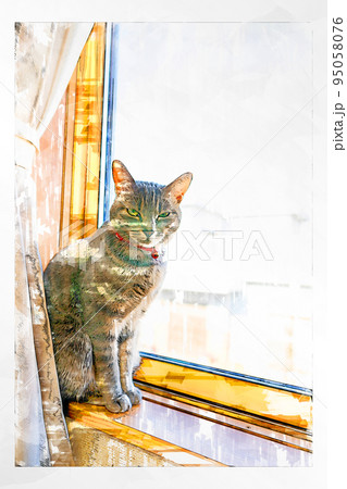 スケッチ風 猫 ネコ ねこ キジトラ グレー 雌 メス 雌ねこ 雌ネコ 元気 かわいい 癒し 95058076
