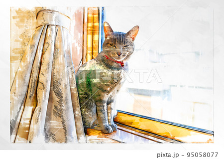 スケッチ風 猫 ネコ ねこ キジトラ グレー 雌 メス 雌ねこ 雌ネコ 元気 かわいい 癒し 95058077