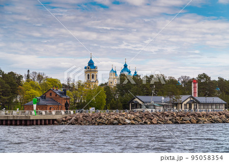 Russia. Leningrad region. May 29, 2022. View of the Nativity of the Theotokos Monastery from Lake Ladoga. Russia. Leningrad region. May 29, 2022. View of the Nativity of the Theotokos Monastery from Lake Ladoga. 95058354
