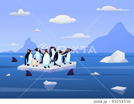 Glacier and Antarctic iceberg. Penguin on ice floe. Desert snow island. Arctic orca whale. Polar extreme cold climate. Antarctica landscape. Global warming. Sea animals. Vector illustration background Glacier and Antarctic iceberg. Penguin on ice floe. Desert snow island. Arctic orca whale. Polar extreme cold climate. Antarctica landscape. Global warming. Sea animals. Vector illustration background 95058556