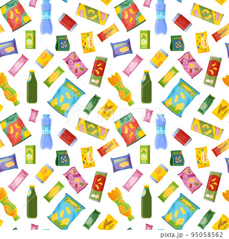 Snack vending pattern. Drink bottle. Food lunch bar. Candy box or biscuit packet. Soda water machine. Cola can. Unhealthy nutrition. Chocolate package. Chips bag. Vector seamless background design 95058562
