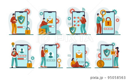 People with huge smartphones. Access data secure. VPN safety. Web document password. Private encrypted key. Online network. Email messenger app. Phone user concepts set. Vector cartoon illustration People with huge smartphones. Access data secure. VPN safety. Web document password. Private encrypted key. Online network. Email messenger app. Phone user concepts set. Vector cartoon illustration 95058563