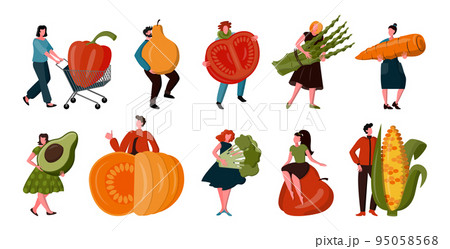 People hold huge products, vegetable and fruits diet, fresh food. Healthy lifestyle, eco vegan characters, woman and man health, vegetarian farm harvest icons. Vector current cartoon flat illustration People hold huge products, vegetable and fruits diet, fresh food. Healthy lifestyle, eco vegan characters, woman and man health, vegetarian farm harvest icons. Vector current cartoon flat illustration 95058568